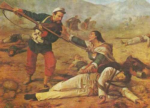 El repaso cuadro de Ramón Muñiz. Durante la Guerra del Pacífico, el ejército chileno solía repasar a los heridos, para que ningún peruano o boliviano quedara vivo