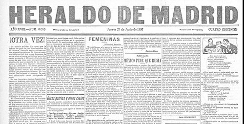 Imagen 4. Primera plana de El Heraldo de Madrid, del 27 de junio de 1907.