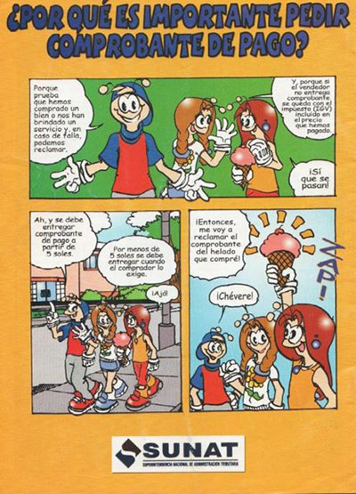 Imagen 5. Contraportada de la revista de historietas Las aventuras de Matero y Clarita N°6, revista educativa de la SUNAT (Ana Ten, 2007).