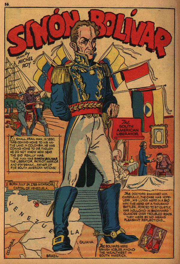 Imagen 1. Simón Bolivar en <em>True Comics</em> nº1 (1941), de Parents' Magazine Press. Las guerras de independencia contra las potencias europeas se convirtieron en la cultura popular en uno de los principales puntos de unión del continente americano.