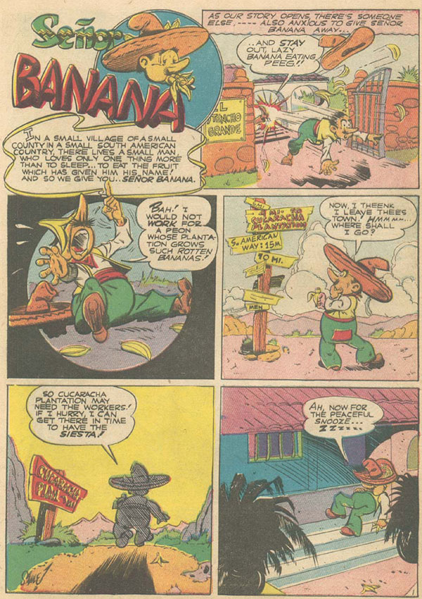 Imagen 3. El Señor Banana en <em>Zip Comics</em> nº36 (1943), de Archie Comics. Esta parodia de los latinoamericanos gozó de poco éxito, apareciendo apenas diez historietas del personaje a lo largo de un año. Esta representación fue excepcional, puesto que los estereotipos se aplicaron más comúnmente a los nativos americanos.