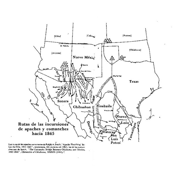 Imagen 5. Ataques apaches y comanches en territorio mexicano. Weber, David J. (1988). <em>La frontera norte de México, 1821-1846</em>.<em> El sudoeste norteamericano en su época mexicana</em>. México: FCE, pp. 130-131.