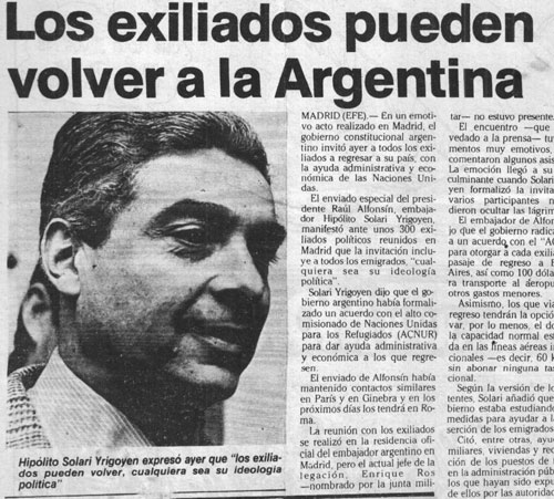 Imagen5. Solari Yrigoyen declara que los exiliados pueden volver. <em>Clarín</em>, 18 de enero de 1984.