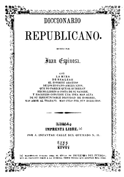 Portada de la primera edición del <em>Diccionario republicano…,</em> de Juan Espinosa (1856)