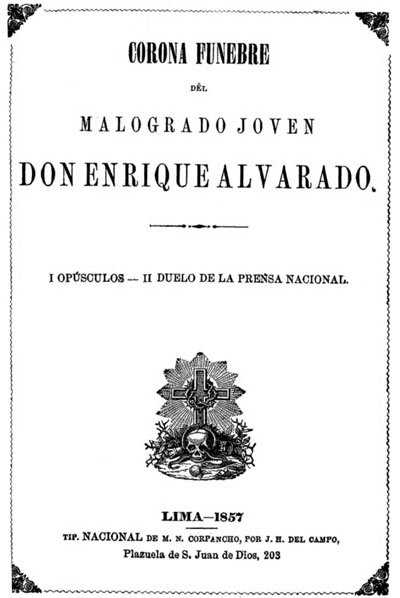 Portada del libro en homenaje a Enrique Alvarado, <em>Corona fúnebre…</em>, publicado en 1857