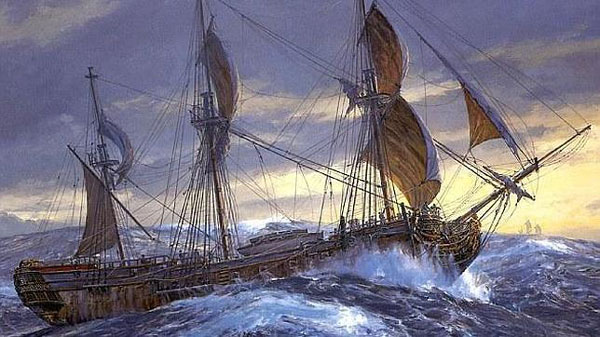 Óleo del HMS Wager, encallado en costas chilenas en 1741.