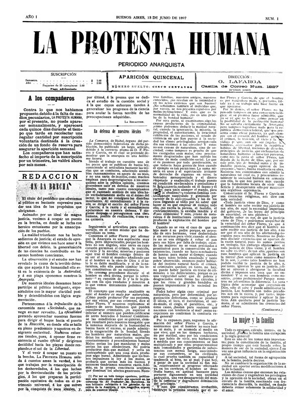 Imagen 5. Portada de <em>La Protesta Humana</em> (Buenos Aires), año 1, núm. 1, 13 de junio de 1897.