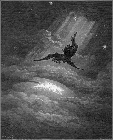 Ilustración de Gustavo Doré (1866) para la obra El paraíso perdido de John Milton. La caída espiritual de Lucifer es uno de los ejemplos más frecuentemente usados para describir la hybris en el inglés.