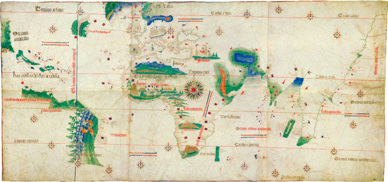 Planisferio de Cantini 1502. Obsérvese la imagen incompleta de la costa Atlántica de América del Sur