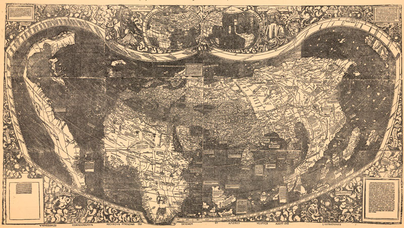 Mapa de Waldseemüller (1507), basado en la información de los viajes de Américo Vespucio. Es la primera carta donde aparece el nombre de América
