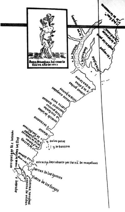 Mapa de Sebastián Elcano (1523). Obsérvese la representación del Paraná y el Uruguay