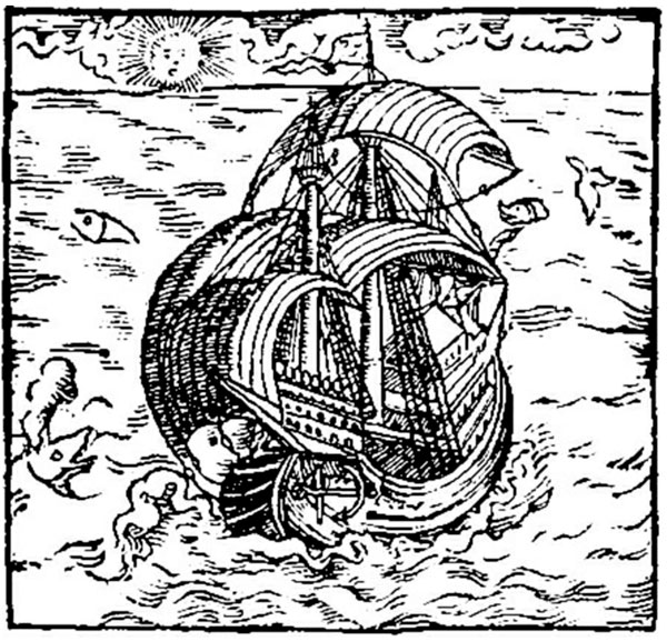 Una carabela de la expedición de Juan Sanabria en las ilustraciones de las crónicas de Hans Staden