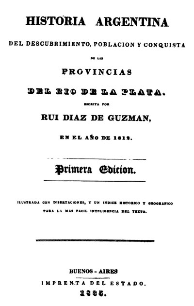 Portada de Historia Argentina… de Ruiz Díaz Guzmán. Edición de la Colección De Angelis 1836