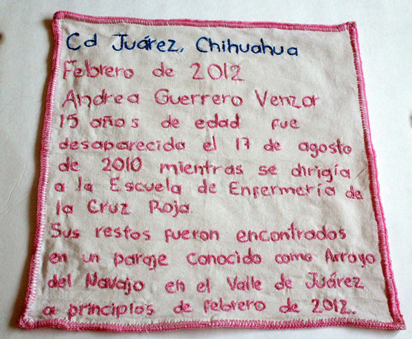 Imagen 2. Pañuelo bordado del caso de feminicidio de Andrea Guerrero Venzor. Archivo fotográfico de Bordeamos por la Paz.