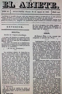 Portada del periódico El Ariete, fundado por exiliados peruanos en Guayaquil, en 1838