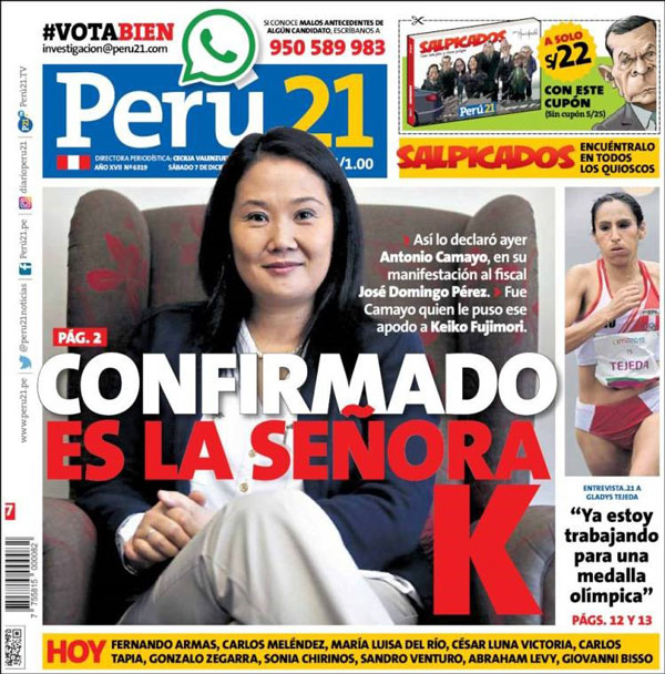 Portada del diario Perú 21