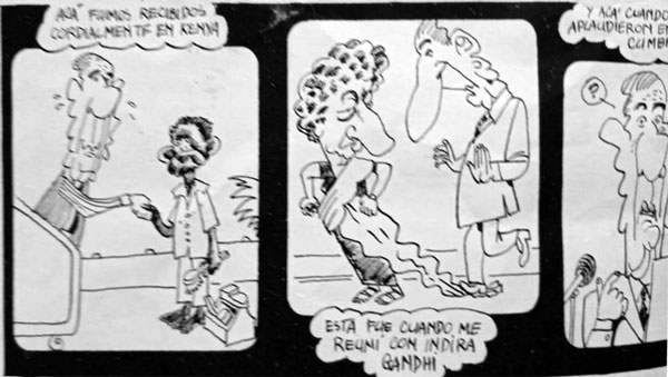 Viñetas satíricas del viaje de Bignone en revista Humor