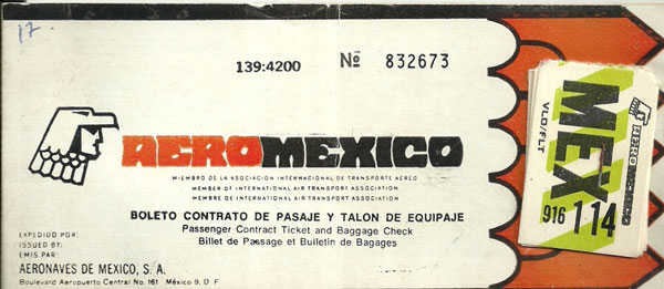 Boleto de avión familiar de viaje a México, década de 1970