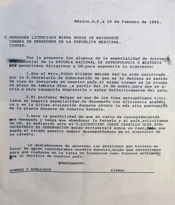 Carta de apoyo escrita por los estudiantes de Ricardo, 1986