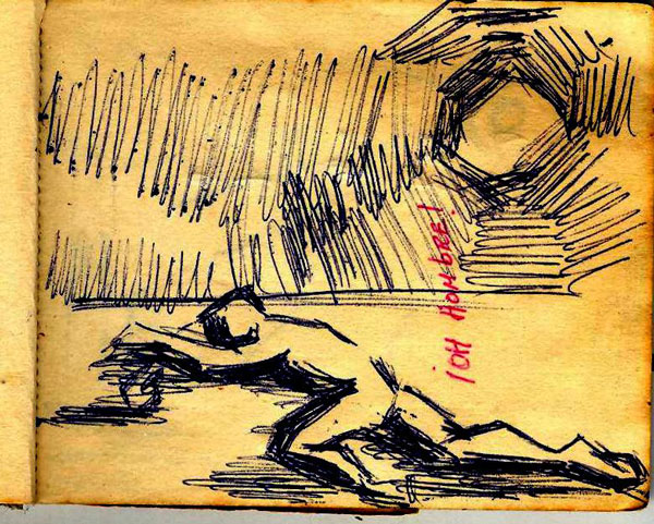Dibujo en libreta de secundaria de Ricardo Melgar, década de 1960