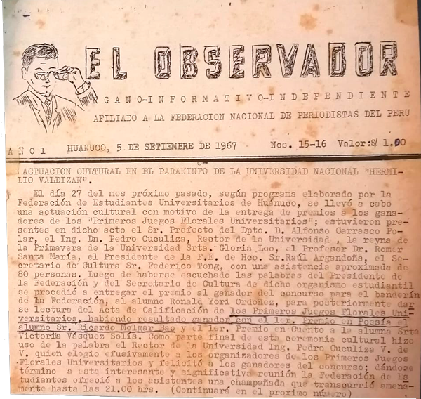 El Observador núms. 15 y 16, 5 de septiembre de 1967, nota sobre los primeros juegos florales de la Universidad Hermilio Valdizán de Huánuco en los cuales Ricardo Melgar obtuvo primer lugar