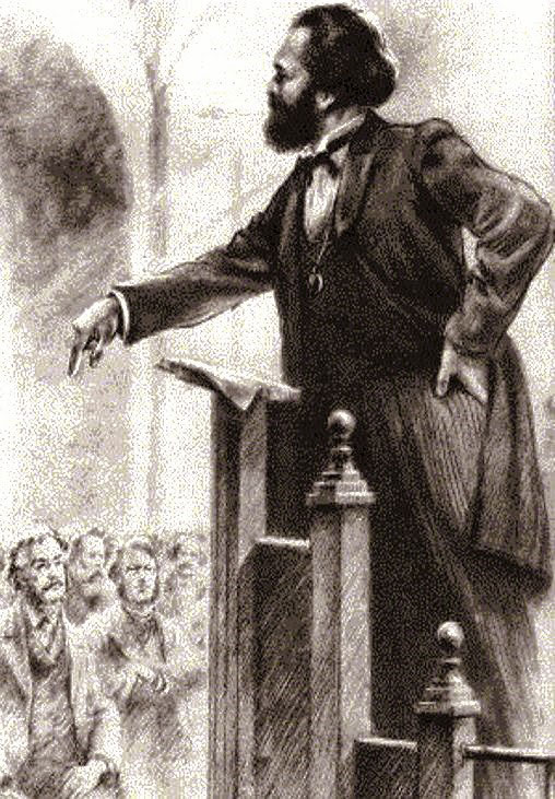 Karl Marx en la sesión inaugural de la Primera Internacional, imagen publicada en panfleto, 1864