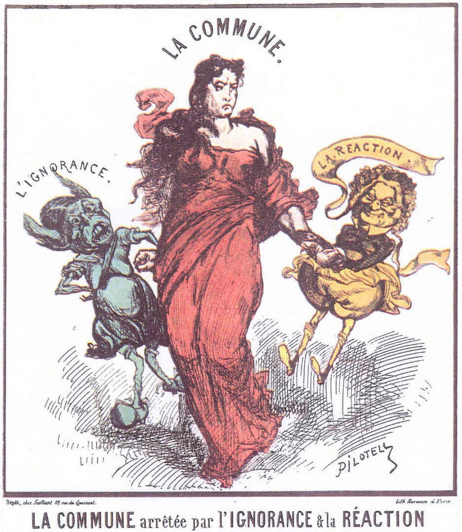 La Comuna detenida por la ignorancia y la reacción (La Commune arretee par l'Ignorance & la Reaction), caricatura de Georges Pilotell, 18 de marzo de 1871
