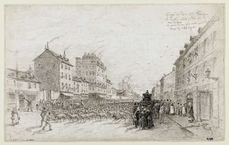 Jules-Descartes Férat, 1871. Sede de París. Las ovejas entrando en París por la calle de Sèvres, distrito siete
