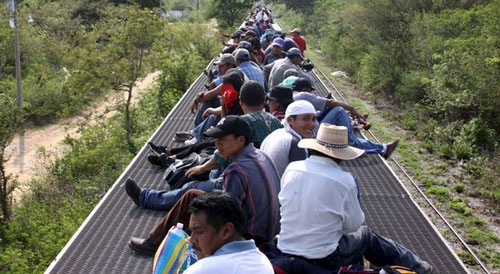 Imagen 6. Un grupo de migrantes viaja en el tren conocido como La Bestia ©Albergue Hermanos del Camino