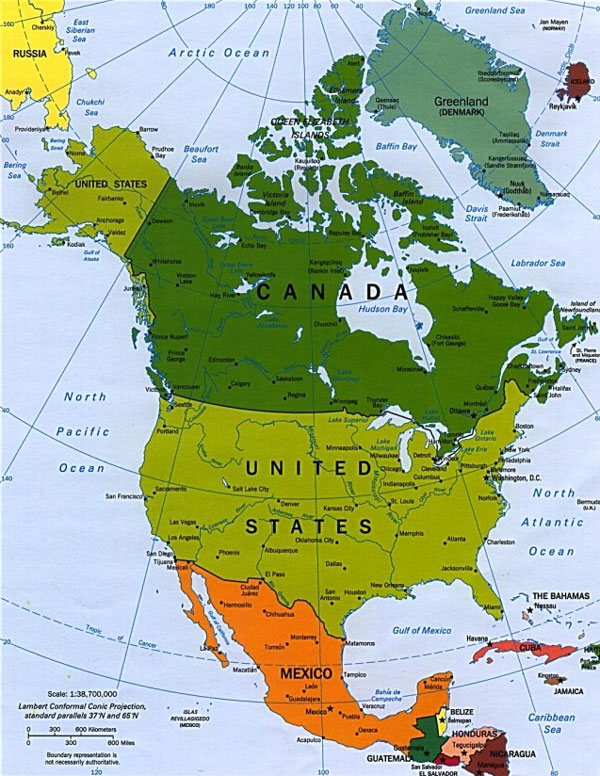 Imagen 1. Mapa de Norteamérica. El NAFTA no es un bloque económico solamente, ya que funciona como una sola economía. Englobando a Canadá, EE.UU, y México.