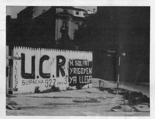 Imagen 3. Pintada del Partido Radical por el regreso de Solari Yrigoyen. <em>La República</em>, mayo de 1983.