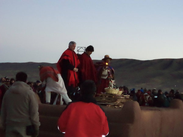 Evo Morales y Álvaro García Linera en la celebración del Willkakuti en el sitio arqueológico de Tiwanaku, 2014