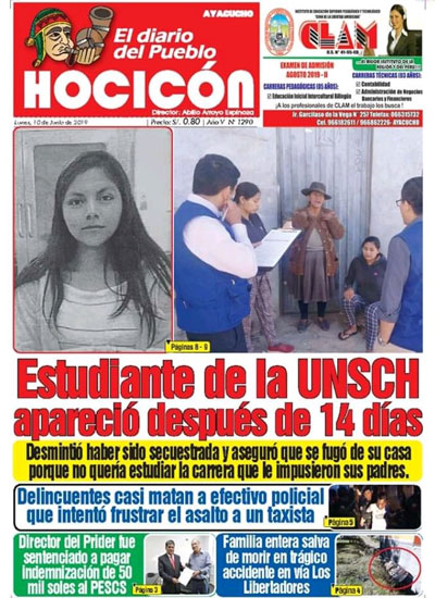 Portada del diario Hocicón (10-06-2019) relacionada al supuesto accionar delincuencial de inmigrantes venezolanos en la ciudad de Ayacucho