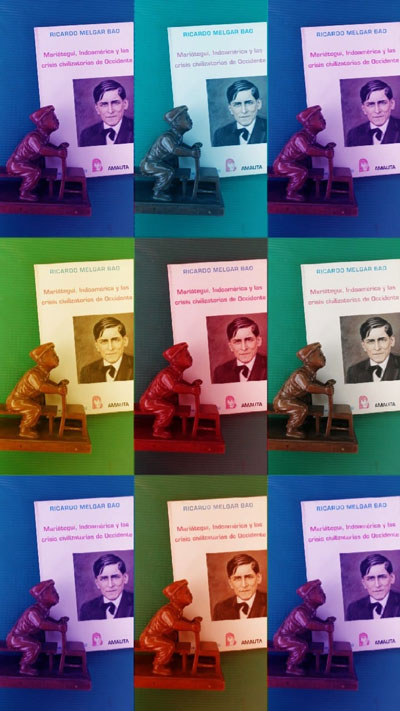 Composición de libro Mariátegui, Indoamérica y las crisis civilizatorias de Occidente de Ricardo Melgar y antigua estatua de madera de niño chino durante la Revolución cultural