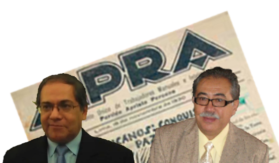 Osmar González Alvarado y Ricardo Melgar Bao con fondo de la portada de APRA núm. 1, 12 de octubre de 1930